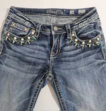 Girls Miss Me Jeans size 16 Cuffed Capri JK7287P2 Blue Med Wash Embellished Jewe