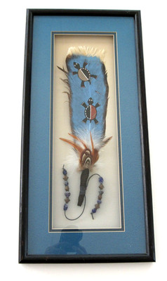 Native American Hand-Painted Feather Art w/ Beads and Wrapped Base ~ Framed