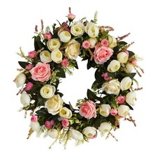 Pemberly Row 20" Silk Roses Artificial Wreath in White  Pink