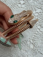 Gold Tone Snake Wrap Bangle Bracelet Adjustable Green Eyes Clear Crystal Pav 