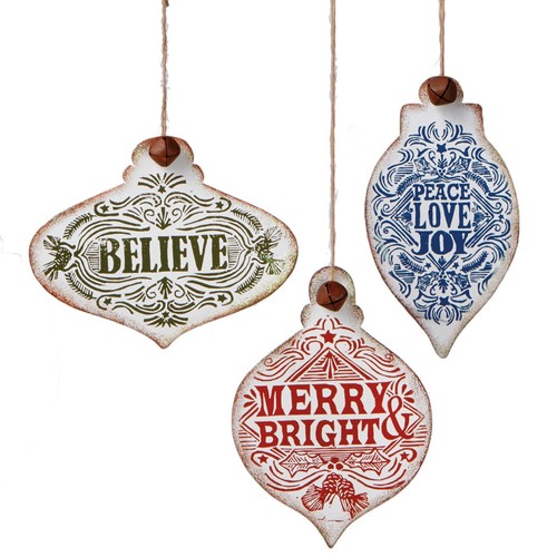 Believe Peace Joy Merry and Bright Text Christmas Ornaments Set of 3