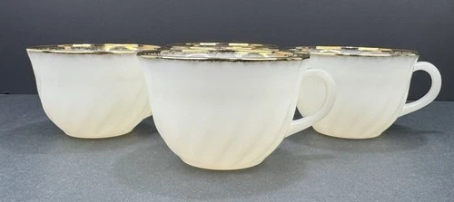 Vintage Anchor Hocking Fire King Swirl White Milk Glass, Gold Trim Cups Set of 4