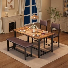 Small Space Dining Set w/ Table, 2 Chairs & Bench, Cushioned Seats, Metal Frame