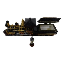 Ceramic Black & Gold Steam Engine Trinket Box 6 1/2" Long w Miniature Engineer