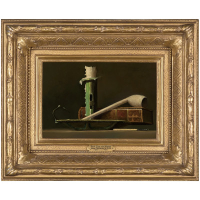 John Frederick Peto Still Life Oil Painting, Green Candlestick, Pipe & Book 1890
