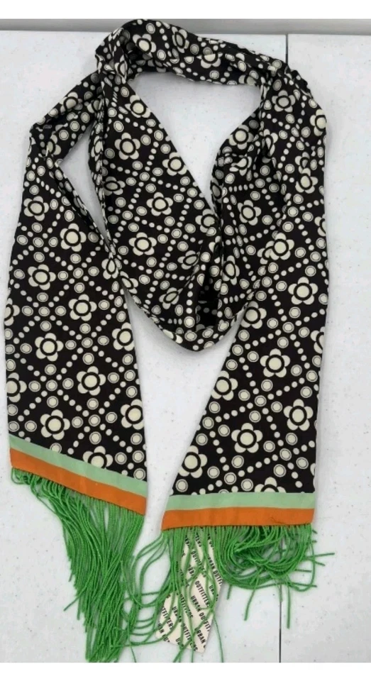NEW Urban Outfitters Retro Look Scarf in Black Geo Print Rust Strip Green Fringe - Image 2 of 4