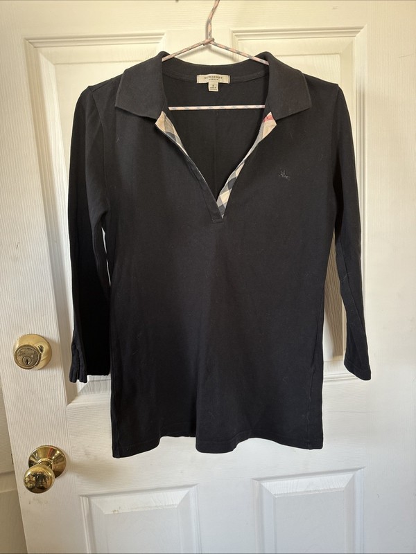 Burberry Black Womens Polo Shirt Small Three Quarter Sleeve Nova Check Trim