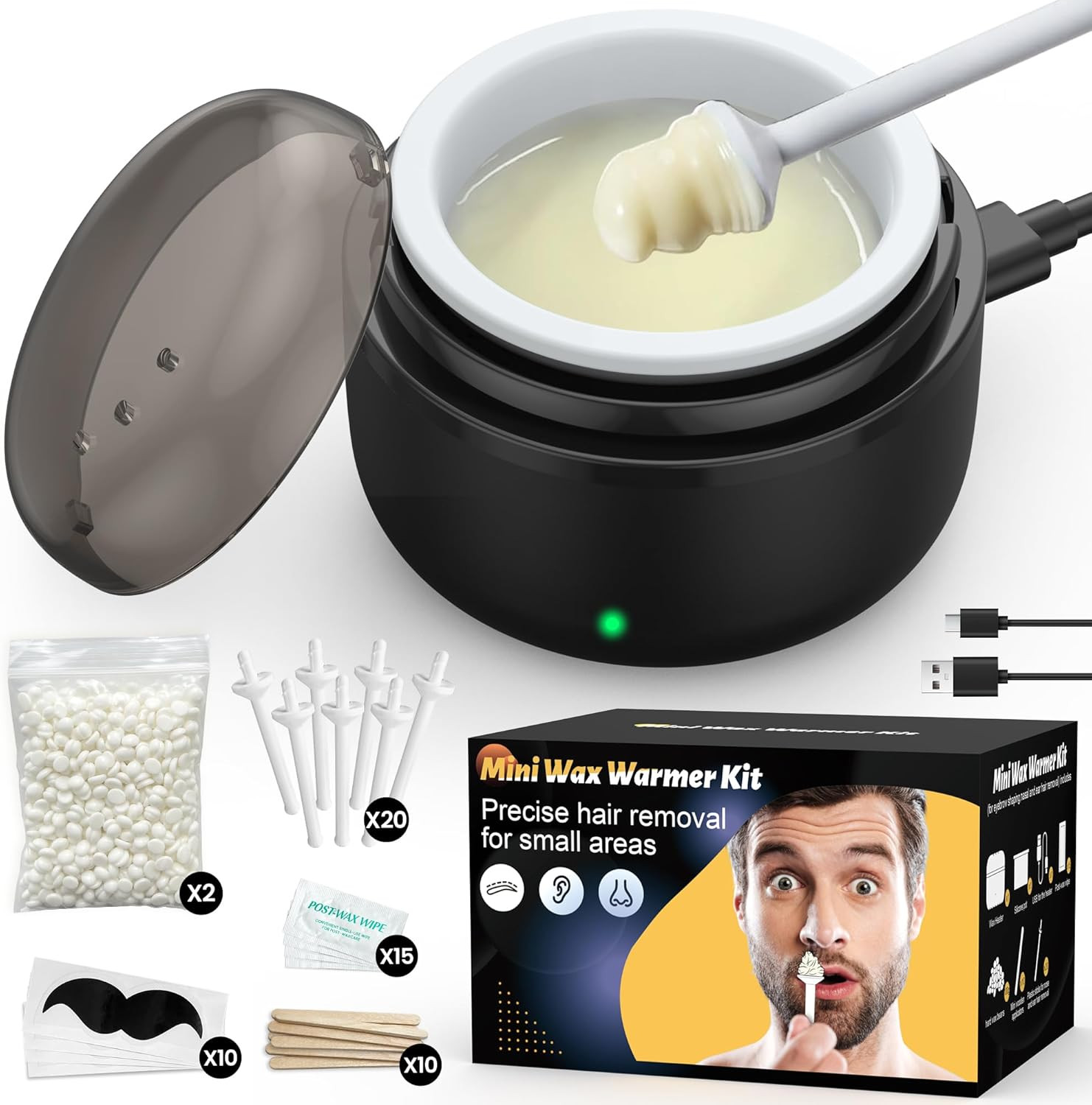 Nose Hair Wax Kit for Men and Women: Facial Waxing Kit with Black Mini Heater, U