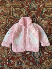 Vintage 50s / 60s Cowichan Sweater Kids Full Zip Pink Bunny Knit Wool Small