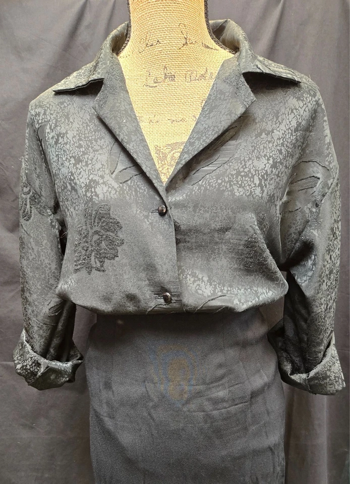 Винтажный ручной работы длинным рукавом черный на пуговицах блузка из полиэстера с бархат акценты Sz L - Изображение 4 из 4