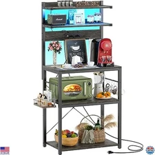 Aheaplus 5-Tier Bakers Rack with Power Outlet & LED Lights - Black Oak Shelf