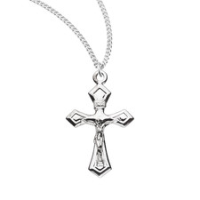 .925 Sterling Silver Pointed Tapered Crucifix Cross Medal Necklace, 18" Chain