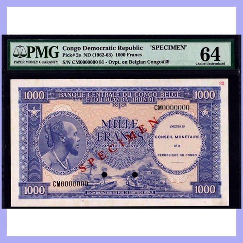 CONGO 1962 1000 FRANCS SPECIMEN P#2s PMG UNC 64 - FINEST!!
