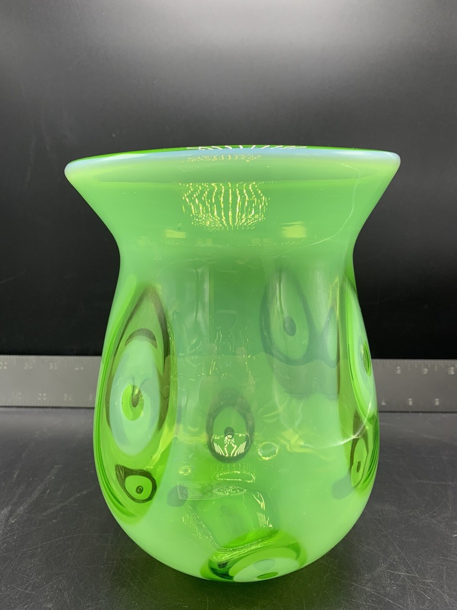 Vintage Fenton Art glass Neon Green White Vase Bubbles Hand