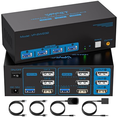 8K@60Hz Displayport KVM Switch 2 Monitors 2 Computers Display Port 4K@120Hz USB3