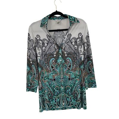 Cache Ornate Boho Print Turquoise Multi Popover Stretch Knit Blouse Small Women
