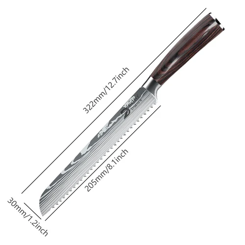 8” Bread Knife High Carbon Steel Damascus Kitchen Chef Knife Serrated Knife Gift - Picture 11 of 13