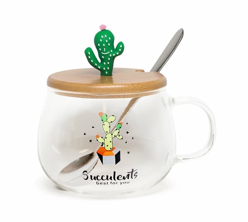 Simpatica tazza succulenta tazza in vetro con cucchiaio e coperchio in legno - Foto 2 di 16
