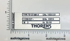 Thorens TD125 MK2 Turntable Custom Metal Identification Plate MKII
