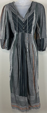 Universal Thread Striped A-Line Cotton Dress Balloon Sleeve M Black Gray
