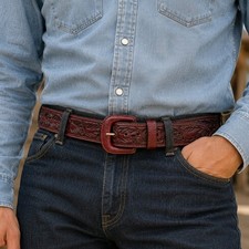 Vintage Vogt Tooled Leather Handmade Belt 38 Western Burgundy Steerhide Mexico