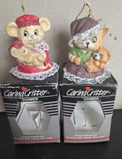Vintage Caring Critter Chimer Bisque Porcelain Ornament Bells Mouse & Kitten