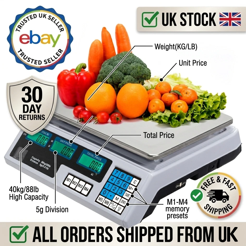 40kg Retail Digital Weighing Scale Price Computing LCD White Silver UK
