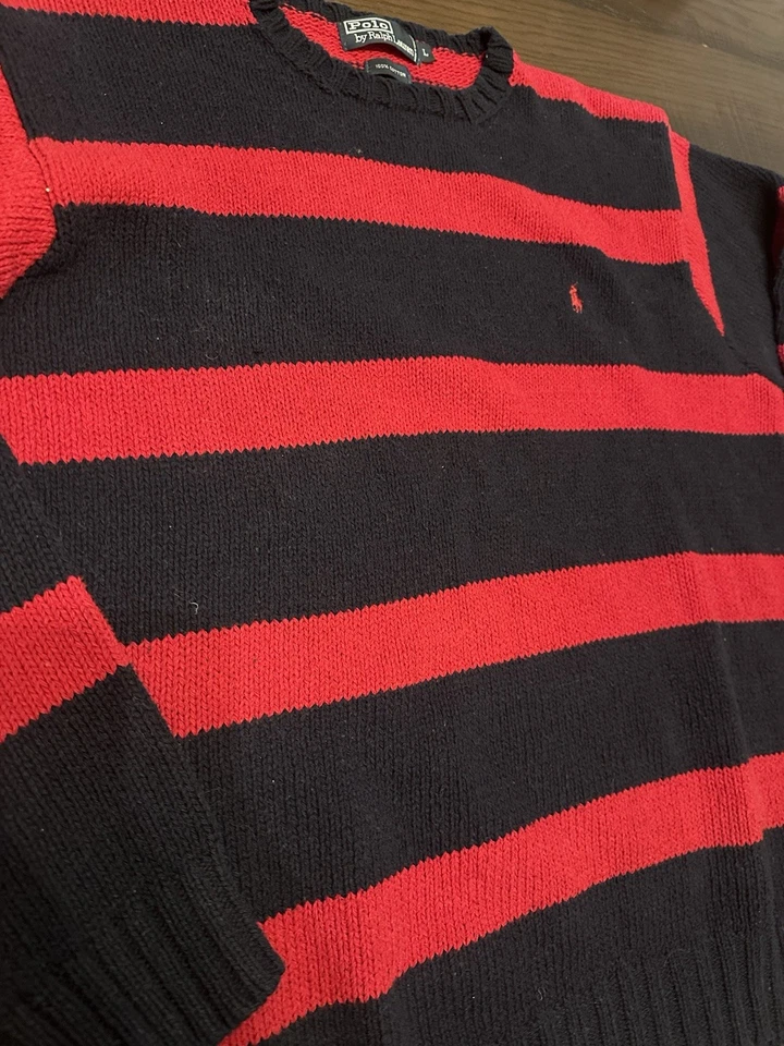 Suéter Vintage Polo Ralph Lauren Para Hombre Grande Rojo Azul Marino 100% Algodón Rayas Foto 2 de 4