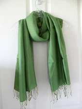 New Green Silk Cashmere Blend Pashmina Lightwt Scarf Wrap Shawl w Fringe 28x80"