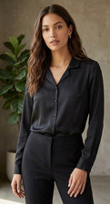 ASOS Design Long Slv Black Silky Button Down Blouse Relax Size 6 Bust 42" NWT