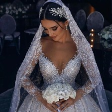 Luxury Sequined Long Sleeved Wedding Dress with V-neck Pleated Satin for Brides