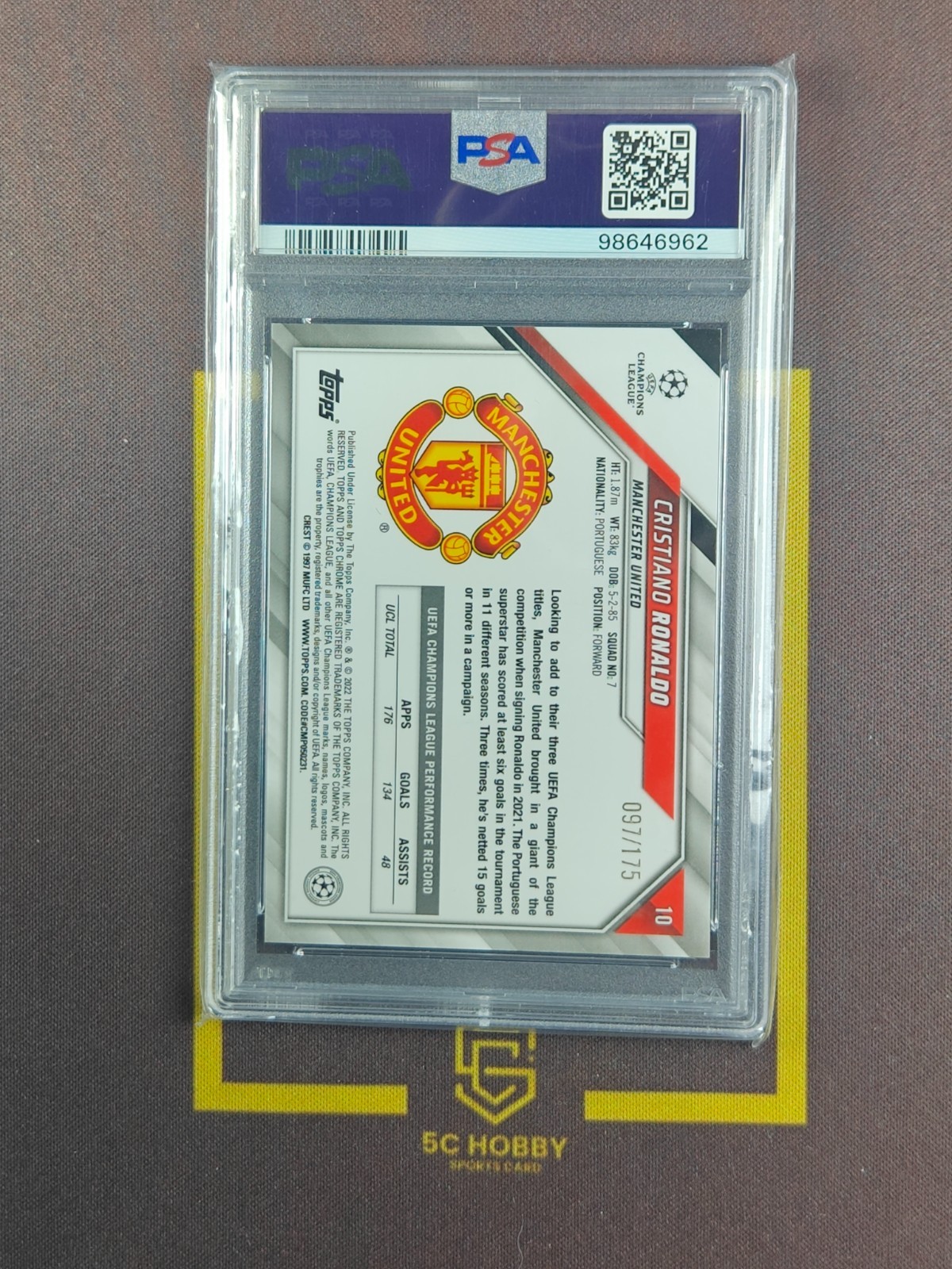 2021-22 Topps Chrome UCL Pink Refractor #10 Cristiano Ronaldo 097/175 PSA 9 FCCZ view 2