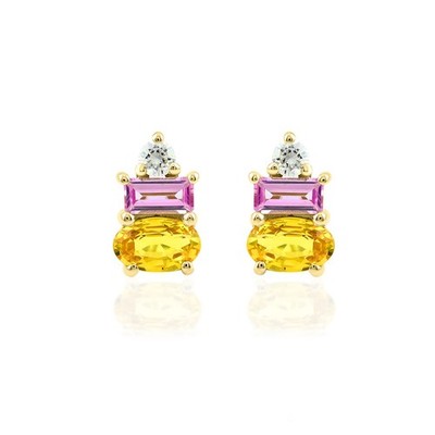 Massive Ohrstecker 14 Karat Gelbgold rosa Saphir & gelber Saphir mit Diamant