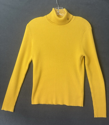 Vtg 90s Lauren Ralph Lauren Butter Yellow Ribbed Knit Turtleneck Sweater M Logo