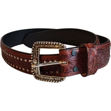 Stone Belts Belt Mens Medium Brown Western Tooled Leather Studded Buckle Floral