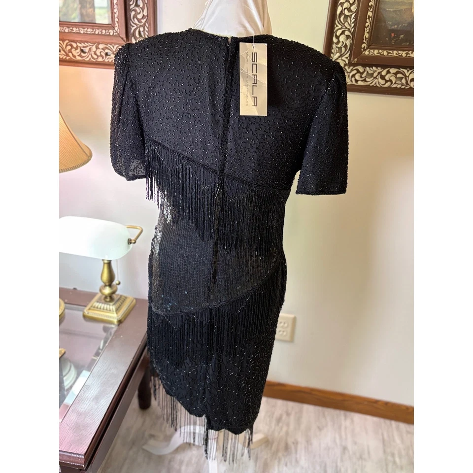 Rare NWT VTG Scala Beaded Fringe Dress Short Sleeve Cocktail Party LBD SZ 12 - Image 4 of 4