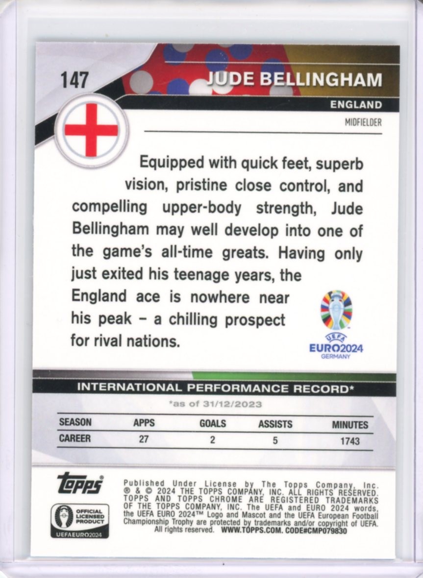 2024 TOPPS CHROME UEFA EURO SOCCER BASE SAPPHIRE JUDE BELLINGHAM #147 view 2