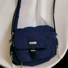 Baggallini Crossbody Purse Navy Nylon Fold Over Top Flap Zippered Pockets (B)