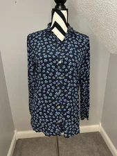 EUC C. Wonder Gold Button-Down Silk Blouse Navy Blue Heart Print Sz Medium 