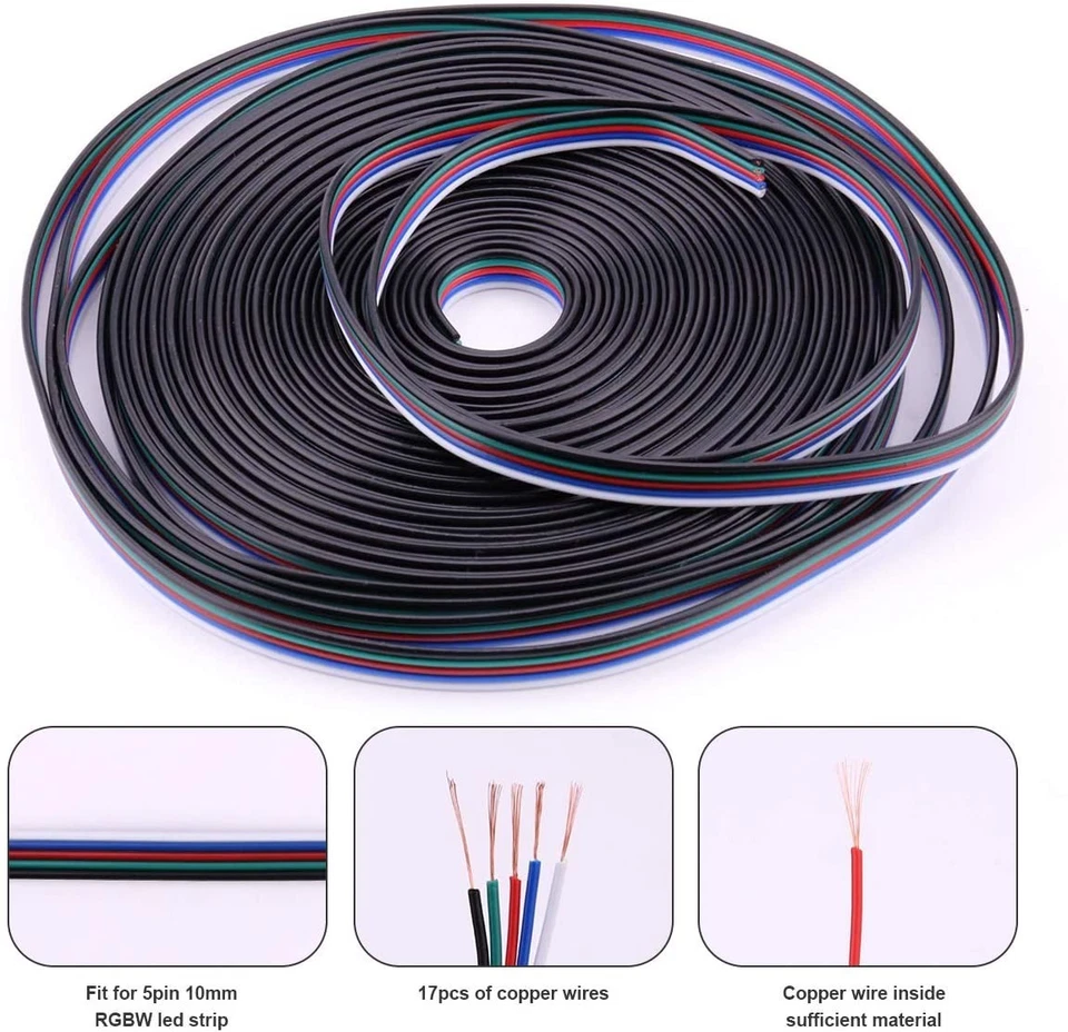 5Pin 5-100M 5050 3528 5630 LED RGBW/RGBWW Strip Extension Connector Cable Wire - Image 3 of 4
