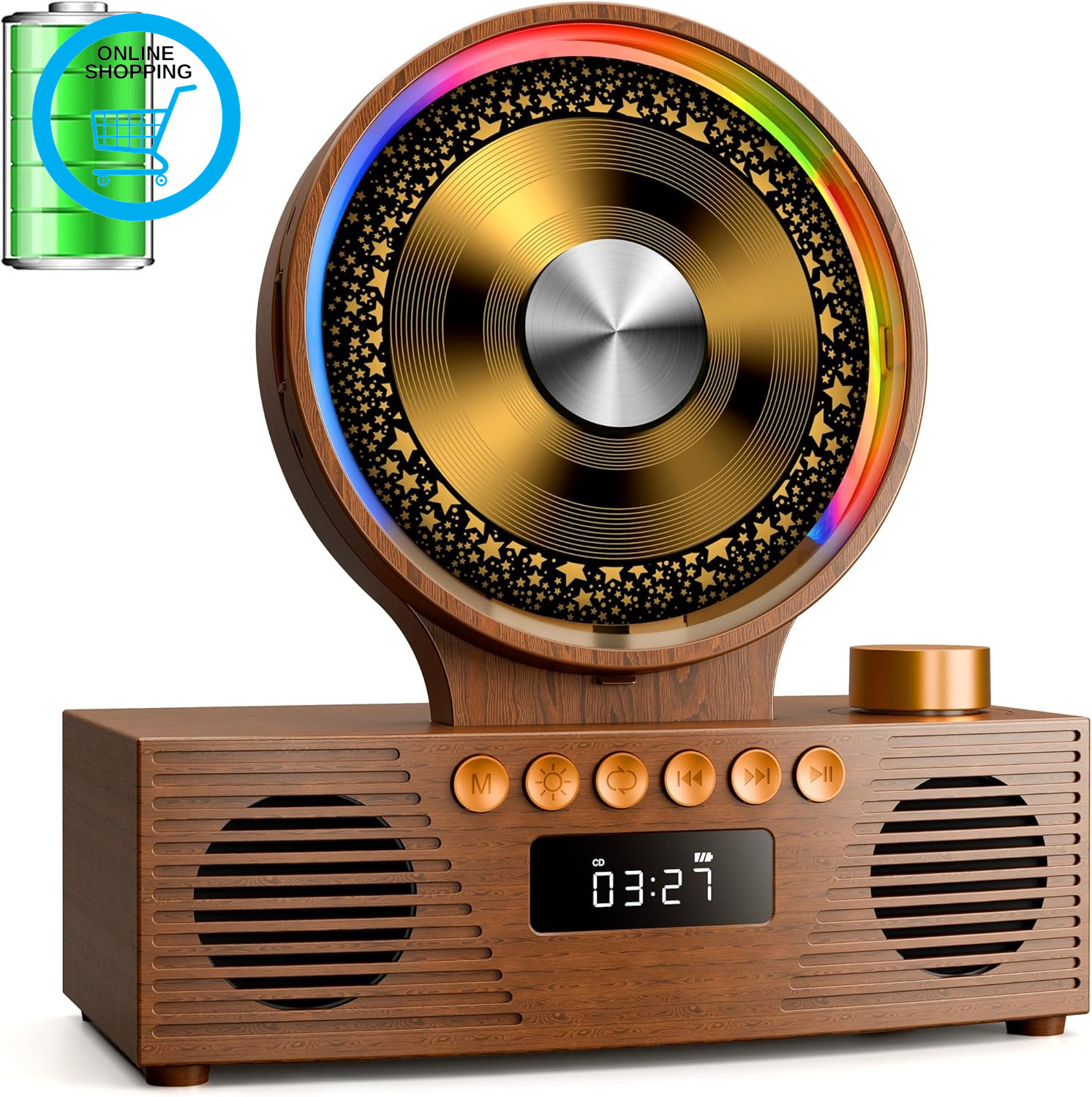 Retro CD Player with Bluetooth 5.3 & Dual Speakers, 4000Mah Rechargeable, 6-In-1