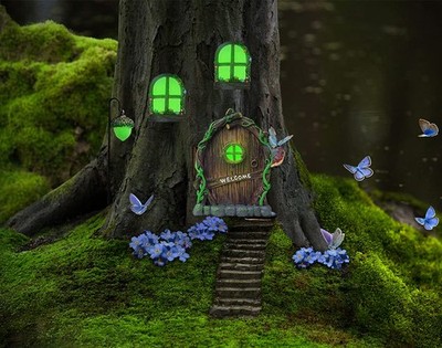 Resin Miniature Fairy Gnome Home Windows and Welcome Door with Fairy Lantern,