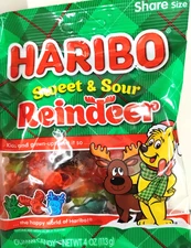 2 Haribo Sweet and Sour Reindeer Gummies Candy Bag, Holoday Edition 4.0 oz