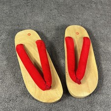 Japanese Geta Wooden Clogs Womens Size 9 Platform Thong Sandals Shoes Red Strap