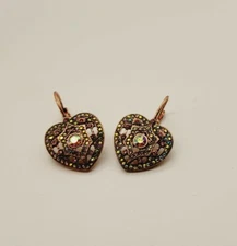 Kirks Folly Earrings Crystal HEART Leverback  Copper 2.5" Drop