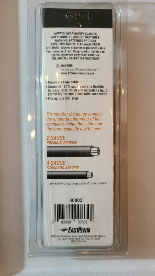 Cable de batería Deka 00802 - poste superior negro calibre 4 25" de largo Foto 2 de 2