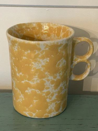 Vtg Bennington Pottery VT Sponge Agate Yellow Morning Trigger Handle Mug D Gill