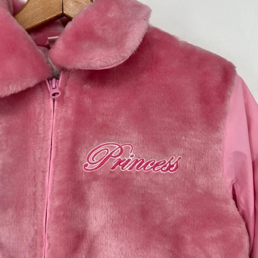 Disney Jacket Girls 10/12 Pink Faux Fur Full Zip Collared Printed Outdoor Winter - Image 3 of 4