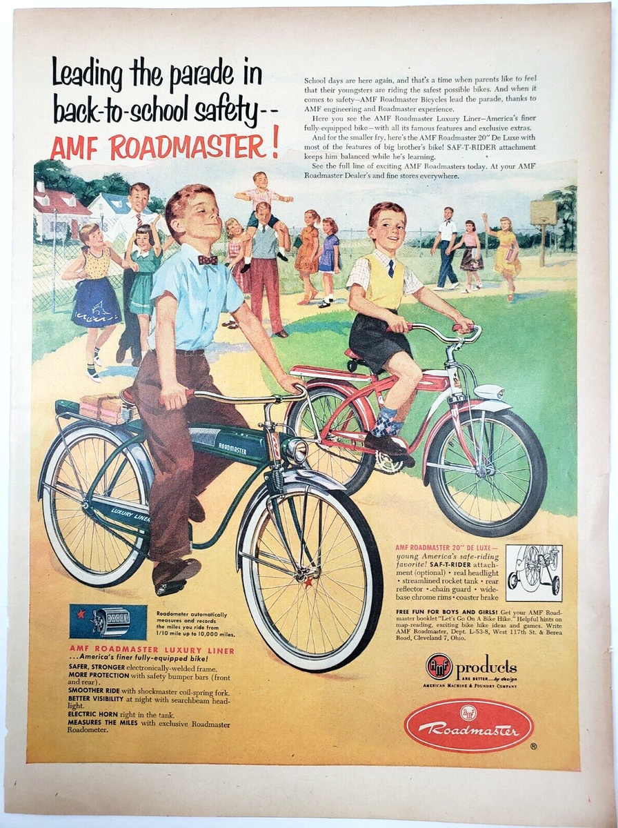 Roadmaster AMF Bicycle Vintage 1953 Ad Magazine Print Luxury Liner Kids  School