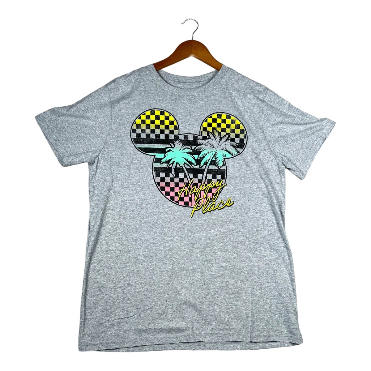 Disney Mickey Mouse World Happy Place Beach Summer Palm Trees Checkered Shirt L